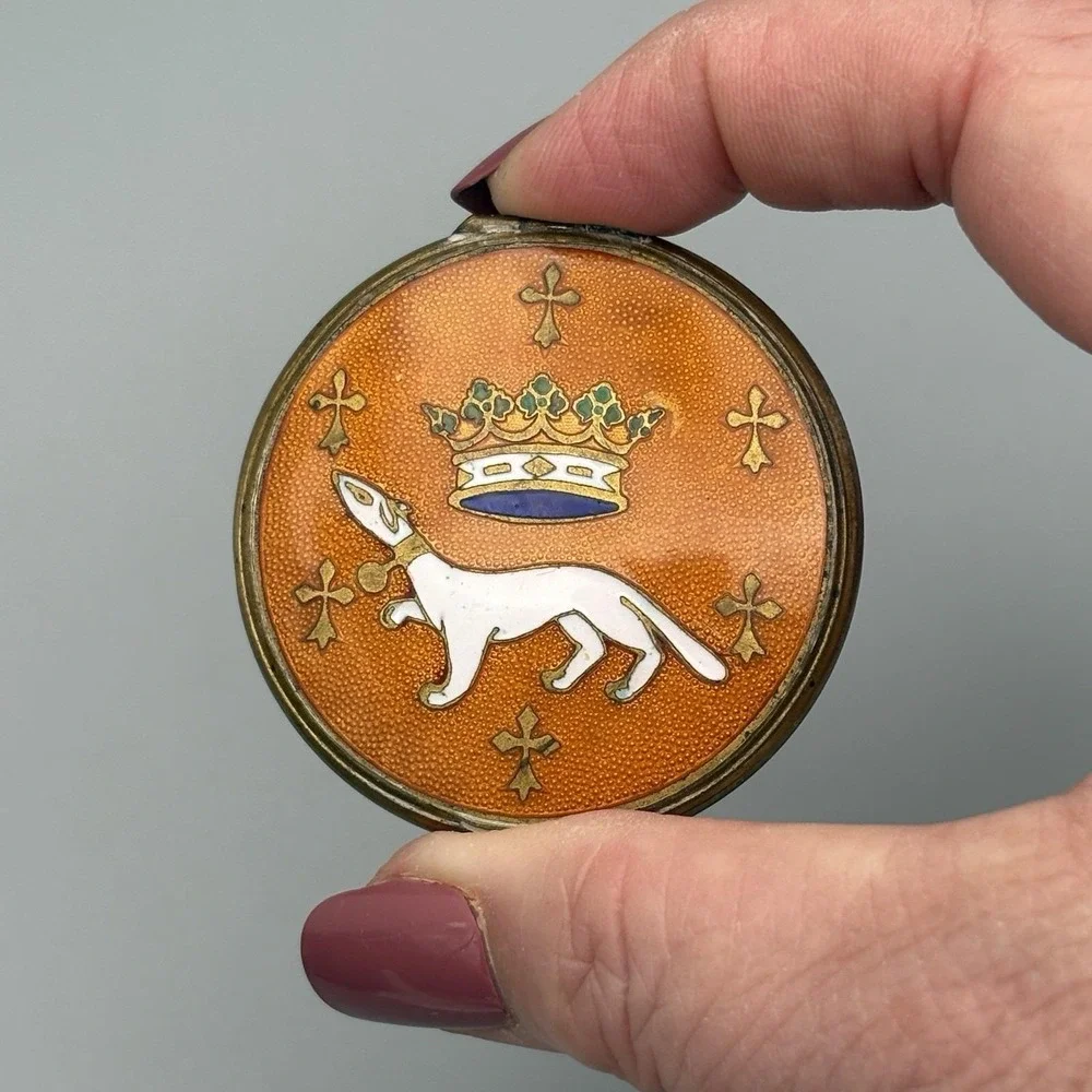 Antique Compact Powder Case French Cloisonné Enamel France Crown Ermine Cross